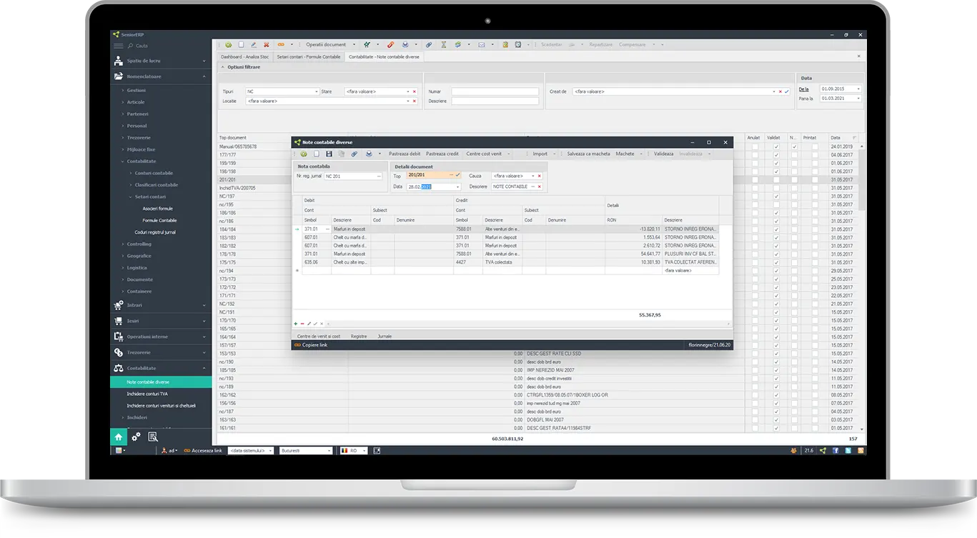 operarea de note contabile – ERP program contabilitate